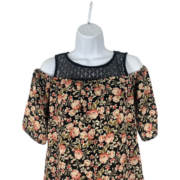 Charlotte Russe Womens Off-Shoulder Black Floral Dress With Lace Yoke Size XS - Picture 2 of 10